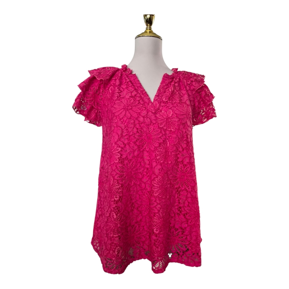 Nanette Lepore Pink Lace Top Women’s Small Flutter Sleeve V-Neck Blouse Lined Bo